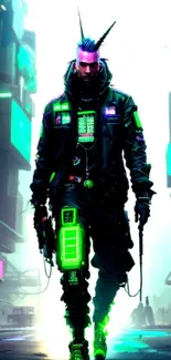 Futuristic cyberpunk figure in neon cityscape.