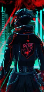 Futuristic cyberpunk character with neon cityscape in red and teal hues as wallpaper.