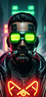 Futuristic neon cyberpunk wallpaper with masked figure.