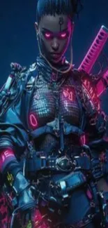 Futuristic cyberpunk warrior with neon accents in dark setting.