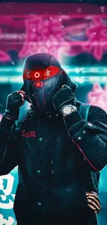 Futuristic cyberpunk ninja with neon lights background.