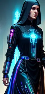 Futuristic cyberpunk nun with neon lights in an urban setting.