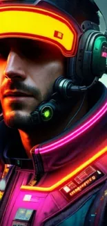 Cyberpunk man with neon helmet and jacket.