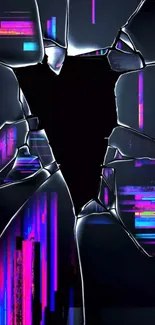 Futuristic cyberpunk phone wallpaper with shattered glass and neon colors.