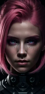 Futuristic character with pink hair on dark background.