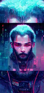 Futuristic cyberpunk portrait with neon hues and digital detail.