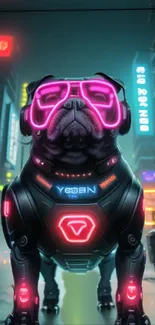 Futuristic cyberpunk pug with neon lights in urban landscape.