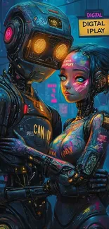 Futuristic cyberpunk robot couple in a vibrant neon cityscape.