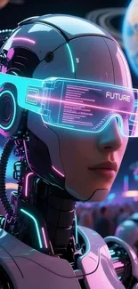 Futuristic robot with neon visor and cosmic background.