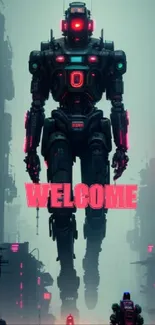 Futuristic robot in neon-lit city with welcome text.