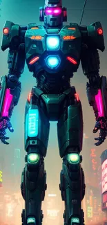 Futuristic robot in a neon-lit cyberpunk cityscape.