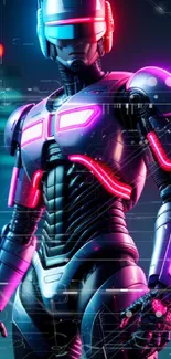 Futuristic cyberpunk robot with neon highlights.