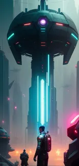 Futuristic skyline with neon lights in a cyberpunk city.