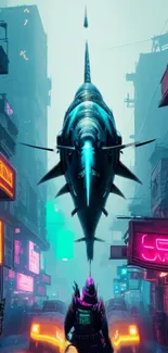 Futuristic city with neon lights and a giant shark in cyberpunk style.