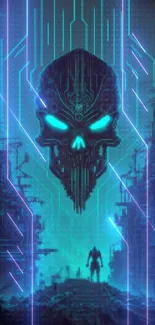 Futuristic cyberpunk skull with neon glow, set in a dystopian cityscape.