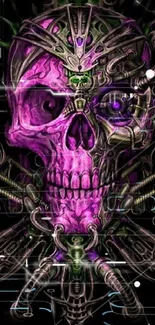 Futuristic cyberpunk skull wallpaper in purple and green hues.