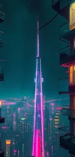 Futuristic cityscape with neon lights and towering skyscrapers in cyberpunk style.