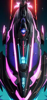 Futuristic cyberpunk spaceship with neon lights.