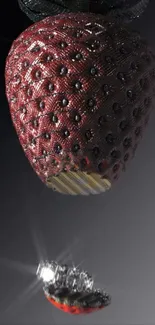 Futuristic metallic strawberry with a cyberpunk aesthetic.