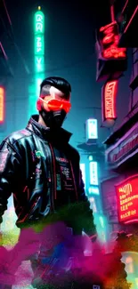 Cyberpunk street art with neon lights and futuristic character.