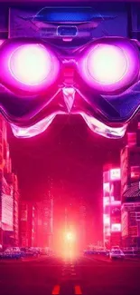 Cyberpunk cityscape with futuristic VR headset and neon lights in magenta tone.