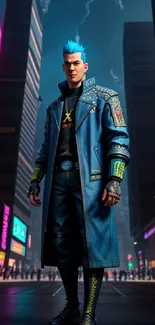 Futuristic character in cyberpunk street with neon lights and urban style scene.