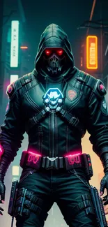 Masked cyberpunk figure in neon-lit urban setting.