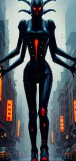 Futuristic robotic figure in neon-lit cityscape wallpaper