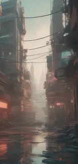 Futuristic street with neon lights and tall buildings in cyberpunk style.