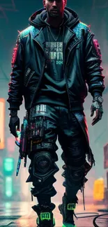 Neon-lit cyberpunk street scene with futuristic character.