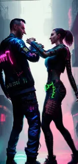 Futuristic cyberpunk couple in neon-lit street.