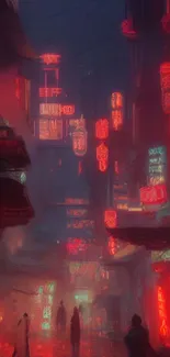 Cyberpunk street scene with neon signs and silhouettes.