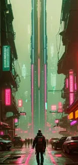 Futuristic city street with neon lights in a cyberpunk style.