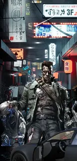 Gritty cyberpunk street scene with futuristic characters and neon lights.