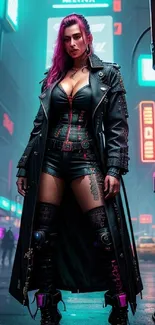 Futuristic cyberpunk character in neon-lit urban street.