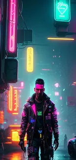 Futuristic cyberpunk street with neon lights and vibrant colors.