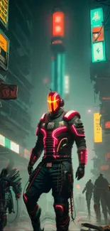 Cyberpunk character with neon lights in a futuristic urban street.