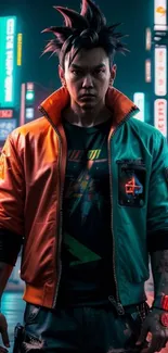 Cyberpunk style individual in neon-lit cityscape