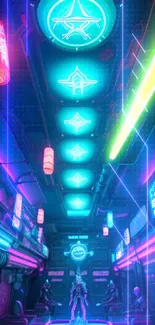 Futuristic neon cyberpunk scene with vibrant city lights.