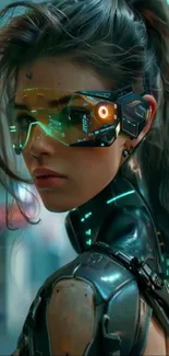 Futuristic female cyborg in neon-lit cyberpunk style.