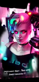 Futuristic cyberpunk wallpaper featuring female cyborg.