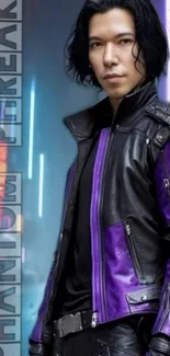 Futuristic character in purple and black, surrounded by neon lights.