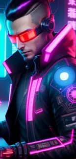 Cyberpunk character with neon lights in futuristic digital art.