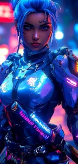 Futuristic cyberpunk warrior with blue neon armor.