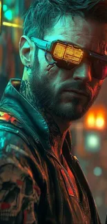Futuristic warrior in neon-lit cyberpunk city.