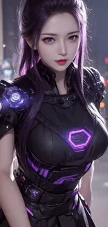 Futuristic warrior in cyberpunk city with purple armor.