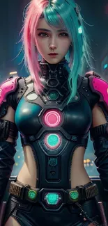 Futuristic cyberpunk warrior with neon hair and armor in vibrant city setting.