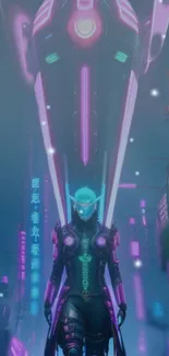 Futuristic cyberpunk warrior with neon lights in urban setting.