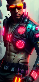 Futuristic warrior in neon-lit cyberpunk city.