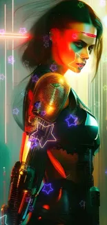 Futuristic cyberpunk warrior with vibrant neon colors in a sci-fi setting.